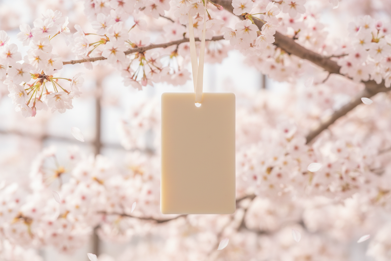 Create a cherry blossom hanging plain soy wax wardrobe freshner, nothing on wax tablet and beautiful backdrop