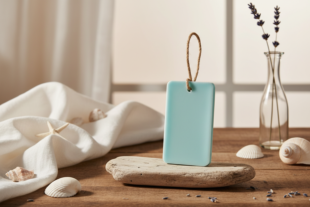 Create an image for ocean escape wax tablet with a hang, wardrobe freshner plain, nothing should be there on wax tablet, with a beautiful setup at the back drop. Aesthetic