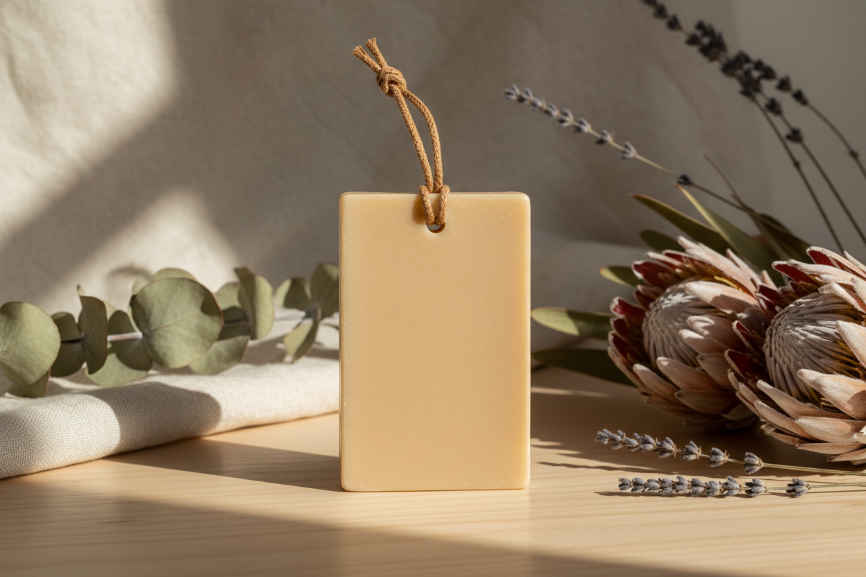 Create an image of a rectangular wax tablet of oud wardrobe freshner nothing on it, with a hanging rope, with aesthetic background